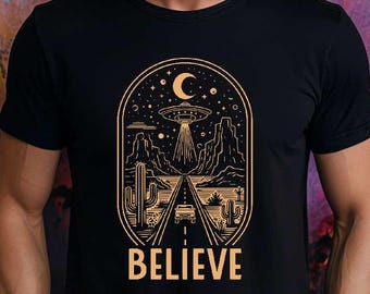 Dare to Believe: Alien Abduction Graphic Tee for Festival Fashion, Unique Festival Fashion, Stargazer Gift, Cosmic Adventure T-Shirt
