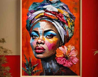 Femme noire abstraite afrocentrique, portrait de femme africaine vibrant, art expressionniste abstrait (téléchargement numérique