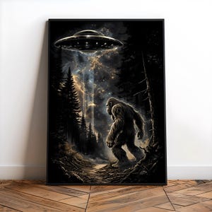 Bigfoot UFO Encounter, Vintage Monochrome Design, Retro Sasquatch art, Alien Enthusiasts Sublimation, and Crafts, Unique Wall Art for Home