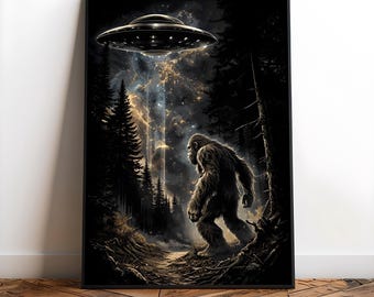 Bigfoot UFO Encounter, Vintage Monochrome Design, Retro Sasquatch art, Alien Enthusiasts Sublimation, and Crafts, Unique Wall Art for Home