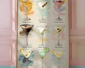 Impresión artística de cóctel Martini: arte de pared de Martini, decoración de Martini, acuarela, decoración de carrito de bar, manual de Martini, impresión de Martini sucio, póster de seda de cóctel