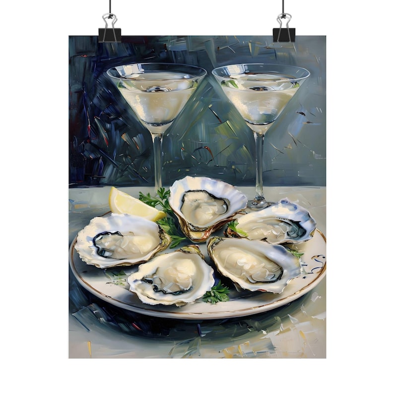 Martini Print With Oyster Wall Art, Coastal Vibes, Oil Painting Decor Delicious Oyster shell Digital Art Food Drink Art, Fisherman Aesthetic image 2