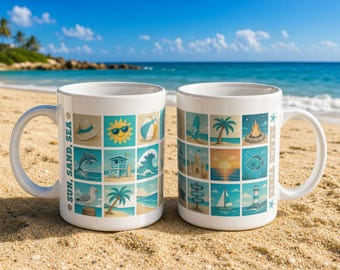 Coastal Beach Icons Mug | Beach Theme Mug | Beach House Ceramic Coffee Cup