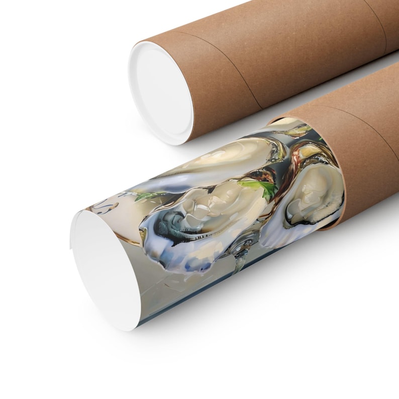 May include: Rolled poster featuring a detailed illustration of oysters on a platter. The artwork showcases the oysters' pearly white flesh and textured shells, with hints of green herbs. The poster is rolled and packaged in a brown cardboard tube.