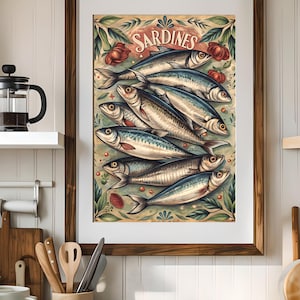 Sardine Poster Vintage Sardine Wall Art Printable Mediterranean Kitchen Poster Botanical Fish Illustration, Coastal Seafood Digital Download