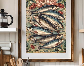 Sardine Poster Vintage Sardine Wall Art Printable Mediterranean Kitchen Poster Botanical Fish Illustration, Coastal Seafood Digital Download