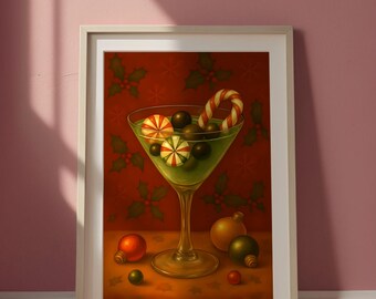 Christmas Martini Art Print, Holiday Cocktail Wall Art, Festive Kitchen Decor, Christmas Bar Cart Printable, Retro Xmas Drink Art