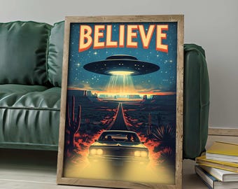 Retro UFO Poster: Alien Abduction Art, Desert Car Scene (Digital Download)