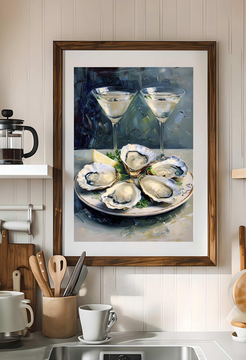 May include: A framed painting depicts a culinary scene. A plate of oysters, garnished with parsley and lemon, sits beneath two martini glasses. The artwork is set against a dark, abstract background.