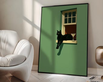 Chic Cat Silk Poster, Modern Black Cat Martini Poster Cat LoversGift, Indoor-Outdoor Decor, Retro Bar Decor, Mid Century Window