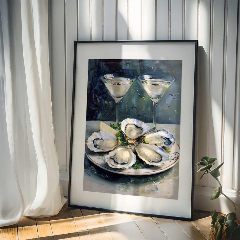 May include: A framed painting depicts a still life of oysters and cocktails. Two martini glasses stand behind a plate of five oysters, garnished with lemon and parsley. The artwork is set against a dark, textured background.