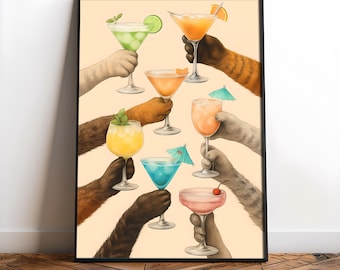 Cat Cocktail Wall Art Print – Cocktail Poster Martini Poster, Whimsical Bar Decor, Colorful Drink, Cin Cin Art Digital Download