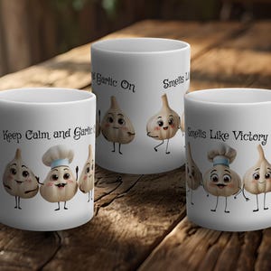 Funny Garlic Mug Set with Cute Chef Kitchen Pun Mugs for Food Lovers & Cooks, Ceramic Coffee Cups Gift for Garlic Lovers and Home Chefs