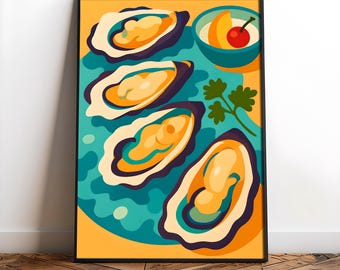 Oyster Print, Colorful Coastal Kitchen Seafood WallArt Printable Oysters Print Nautical Dining Room Decor Digital Download