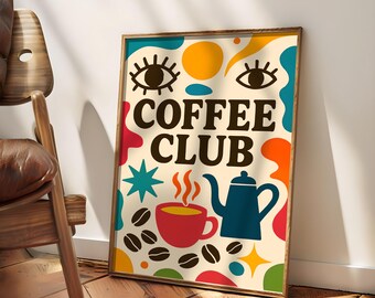 Coffee Poster - Fun Coffee Lover Gift for Kitchen Decor, Coffee Club Wall Art Printable Retro Coffee Bar Decor Espresso Poster