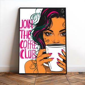 Poster del Coffee Club, arte murale retrò del caffè, stampa &quot;Unisciti al Coffee Club&quot;, poster del caffè in stile pop art, stampabile, decorazione digitale moderna per cucina e bar