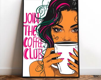 Coffee Club Poster, Retro Coffee Wall Art, Join the Coffee Club Print, Pop Art Coffee Poster Printable Digital Modern Kitchen Café Bar Decor