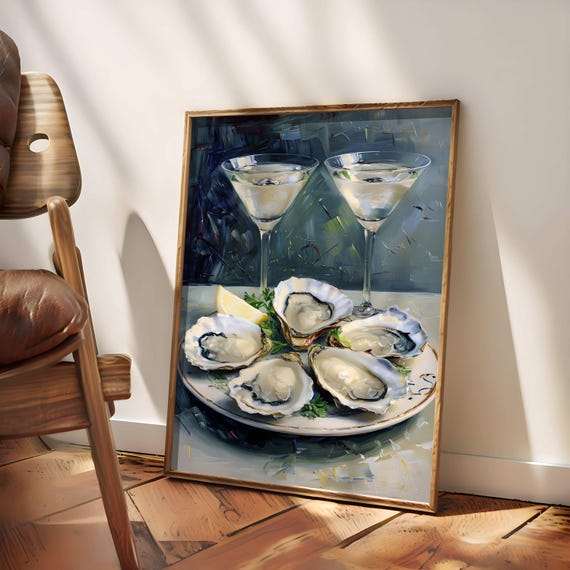 Martini Print With Oyster Wall Art, Coastal Vibes, Oil Painting Decor Delicious Oyster shell Digital Art Food Drink Art, Fisherman Aesthetic