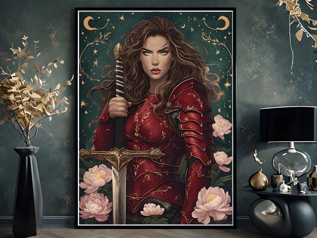 Red Armor Lady Knight Digital Art, Fantasy Warrior Woman Print, Strong