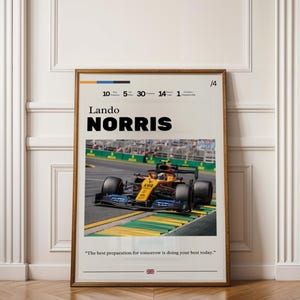 Lando Norris Wooden Framed Poster, Quality Formula 1 Memorabilia Print, Minimalist McLaren Car Wall Art, Motivating Quote Home Decor