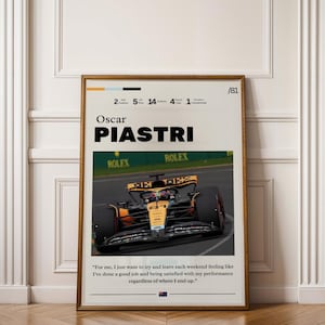 Oscar Piastri Wooden Framed Poster, Quality Formula 1 Memorabilia Print, Minimalist McLaren Car Wall Art, Motivating Quote Home Decor