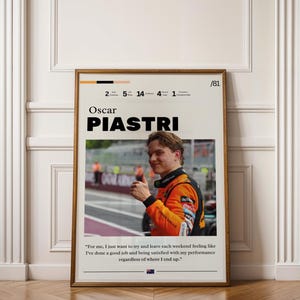 Oscar Piastri Wooden Framed Poster, Quality Formula 1 Memorabilia Print, Minimalist McLaren Wall Art, Motivating Quote Home Decor