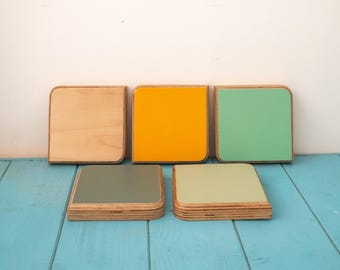 Stylish Curved Handmade Birch Ply Coasters, Rounded Smooth Edge Cup Coaster Mid-Century Colours Home Decor Thick Wooden Waxed Coasters.