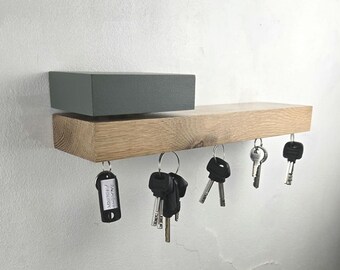 Solid Oak Magnetic Key Holder For Wall + Letter Rack/Slot |  Floating Shelf Hallway Organiser