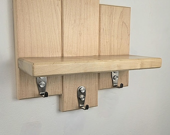 Solid Maple Hallway Organiser: Minimalist Key Hanger with Floating Shelf
