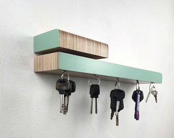 Unique Shaped Mid_Century Birch Ply Floating Magnetic Key Holder Shelf | Retro Curved Green Letter Rack | Small Space Hallway Organiser.