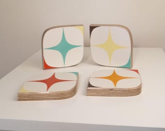 Atomic Starburst Mid Century Modern Coasters, Solid Birch Plywood Cup Rests, Colourful Retro Vinyl Drink Mats, Handmade Housewarming Gift