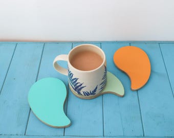 Handmade Birch Ply Coaster, Mid Century Colour Block Drink Mat, Custom Unique Wood Cup Rest, Teardrop Shape Home Decor, Housewarming Gift