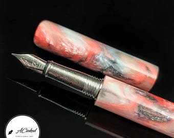 Handcrafted Resin Fountain Pen – Red, Pearl, & Charcoal Swirl | ACinked Functional Art