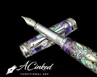 Abalone Shell Fountain Pen, Purple Burl Wood, Swarovski Crystal Clip, JOWO Nib