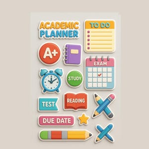 Puede incluir: Un conjunto de pegatinas coloridas para planificador académico. Incluye pegatinas con el texto "Academic Planner", "To Do", "A+", un cuaderno morado, un despertador azul, "Study", un calendario, "Test", "Reading", "Due Date", una estrella y lápices.