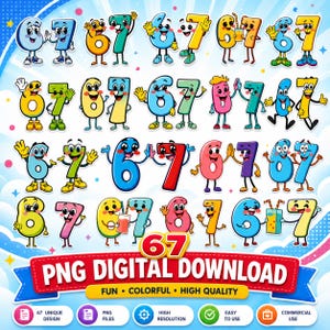 67 SVG-paket | Roliga sex sju nummer, 67 nummer Clipart-set | Barn lär sig nummer | Färgglad digital nedladdning | Direktnedladdning