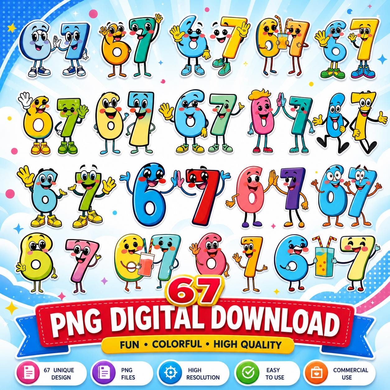 67 SVG Bundle | Funny Six Seven Numbers,67 Number Clipart Set | Kids ...
