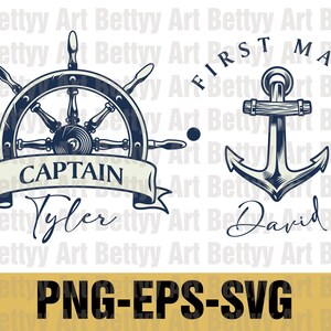 Könnte beinhalten: Maritimes Design mit einem Steuerrad und dem Wort "CAPTAIN" auf einem Banner, darunter der Name "Tyler". Ein Anker mit "FIRST MATE" darüber und dem Namen "David" darunter. Das Design ist in Marineblau gehalten.