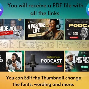 May include: A collection of six colorful and modern podcast thumbnail designs featuring a microphone, a person with headphones, and text that says "Episode #01", "A Positive Life", "Exclusive Podcast", "Strategies for Business Growth", "Fabulous Podcast", and "What Are Your Plans for 2025?" The text "Fab Designs For You" is in the center of the image. The text "You can Edit the Thumbnail change the fonts, wording and more." is at the bottom of the image.