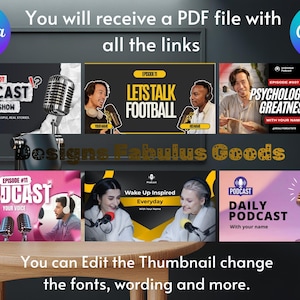 Pode incluir: Uma coleção de modelos de banners de podcast com vários designs. Os banners apresentam imagens de pessoas, microfones e texto como "Podcast Talk Show" e "Let's Talk Football". O logotipo da Canva é visível.