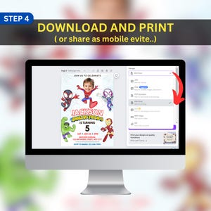 May include: A computer monitor displays a birthday invitation design featuring superhero characters. The invitation reads "Jackson Amazing Friends is turning 5." The screen shows options for downloading and printing the design as a PDF.