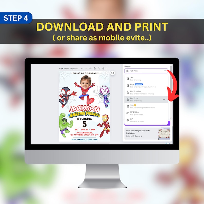 May include: A computer monitor displays a birthday invitation design featuring superhero characters. The invitation reads "Jackson Amazing Friends is turning 5." The screen shows options for downloading and printing the design as a PDF.