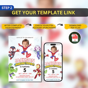 May include: A digital invitation template for a child's birthday party, featuring superhero characters and the text "Jackson Amazing Friends is Turning 5." The invitation is shown on a printed card and a smartphone.