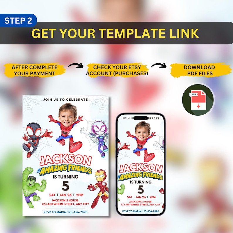May include: A digital invitation template for a child's birthday party, featuring superhero characters and the text "Jackson Amazing Friends is Turning 5." The invitation is shown on a printed card and a smartphone.