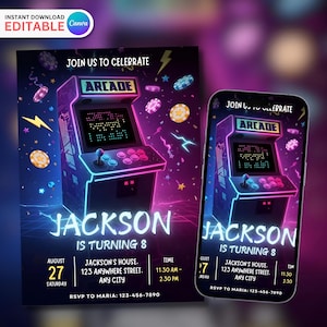 Faire-part d'anniversaire arcade, modèle d'anniversaire de jeu vidéo numérique pour enfants, invitation à une fête de jeu, modèle Canva 5 x 7 pouces