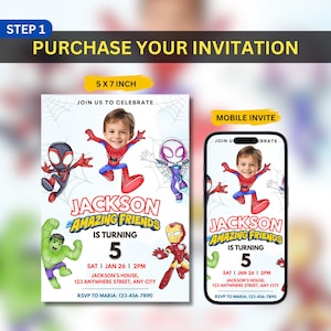 May include: A birthday invitation design featuring a child's photo and superhero characters. The invitation is available in a 5 x 7 inch print size and a mobile invite format. The text reads "Jackson Amazing Friends is turning 5."