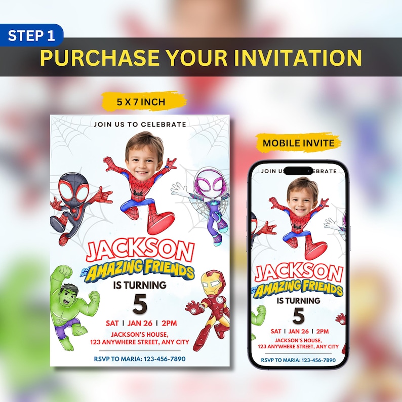 May include: A birthday invitation design featuring a child's photo and superhero characters. The invitation is available in a 5 x 7 inch print size and a mobile invite format. The text reads "Jackson Amazing Friends is turning 5."