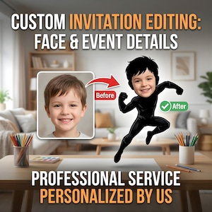 May include: A digital graphic showing custom invitation editing services. Text reads: CUSTOM INVITATION EDITING: FACE & EVENT DETAILS. A photo of a young child is transformed into a cartoon superhero character. Text reads: PROFESSIONAL SERVICE PERSONALIZED BY US.
