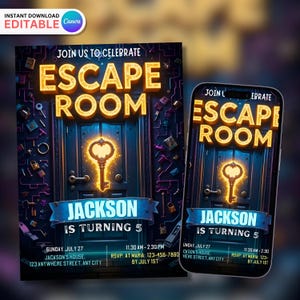 Escape Room Geburtstagseinladung, bearbeitbare Mystery Party einladen, Puzzlespielthema, Jungen-Geburtstagsfeier, druckbare Vorlage