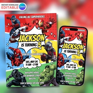 May include: A colorful superhero-themed birthday invitation for a boy turning five. The invitation features images of popular superheroes like Spiderman, Iron Man, Captain America, Hulk, and Ant-Man. The invitation includes the text "Jackson is turning 5" and details for the party, including the date, time, and location. RSVP information is also included.